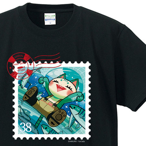 スタンプアニマル Fisherman Cat by HAKURO Tシャツ 黒 L (4803612835892)