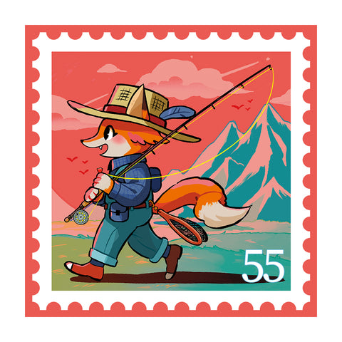 スタンプアニマル Fishing Fox by HAKURO ポストカード (4803614834740)