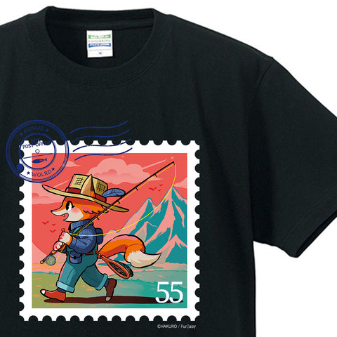 スタンプアニマル Fishing Fox by HAKURO Tシャツ 黒 L (4803612999732)