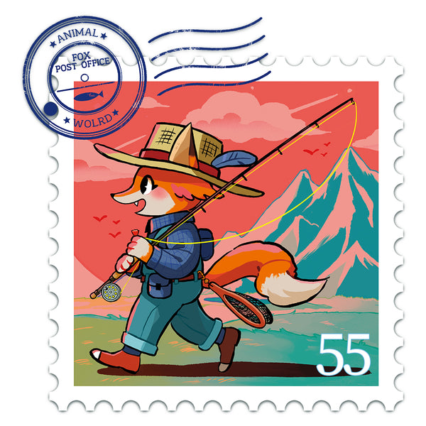 スタンプアニマル Fishing Fox by HAKURO Tシャツ 黒 L (4803612999732)