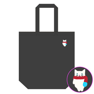 マフニャー猫 (白) 刺繍入りトートバッグ (ブラック生地) (ひるねや) (4655271936052)